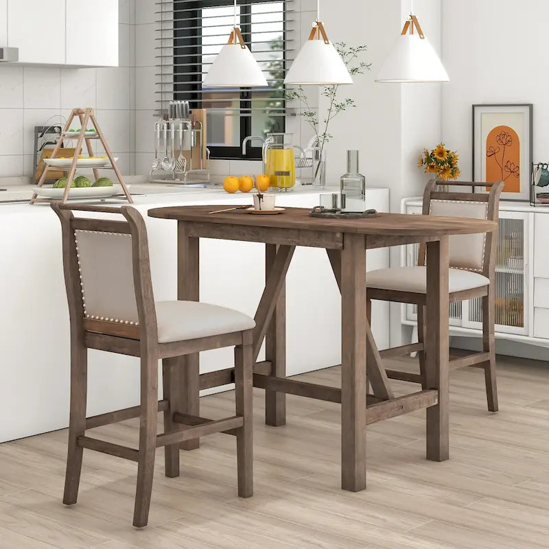 Ensemble de salle à manger rustique 3 pièces en bois avec table à abattant et 2 chaises de salle à manger rembourrées