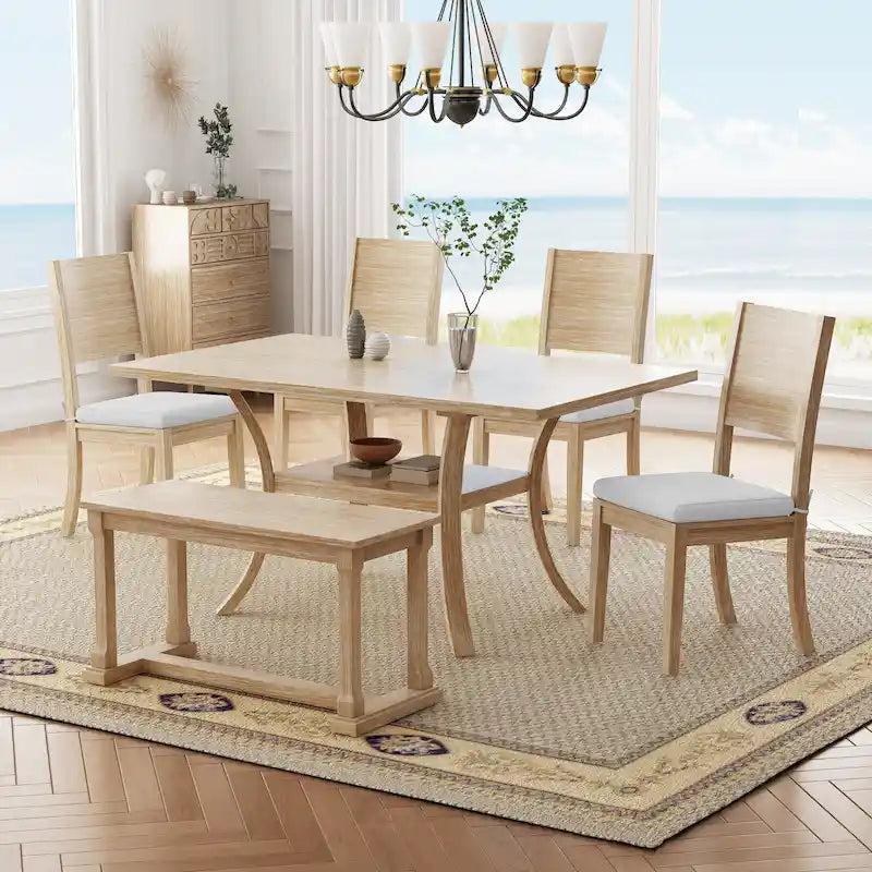 Ensemble de salle à manger moderne 6 pièces avec 4 chaises de salle à manger à coussins amovibles, étagère de rangement et banc
