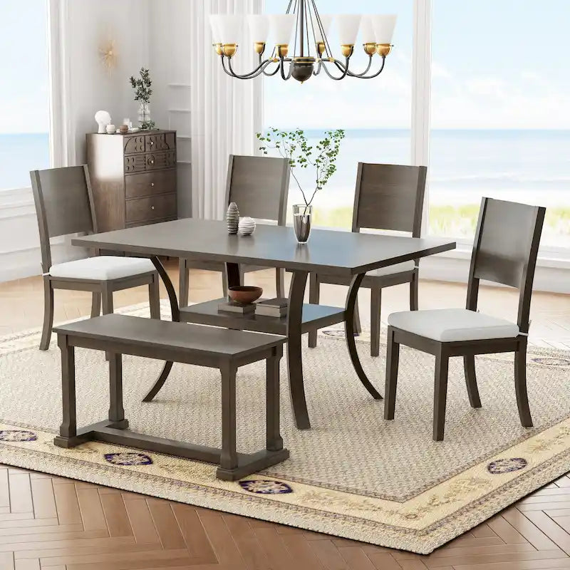 Ensemble de salle à manger moderne 6 pièces avec 4 chaises de salle à manger à coussins amovibles, étagère de rangement et banc
