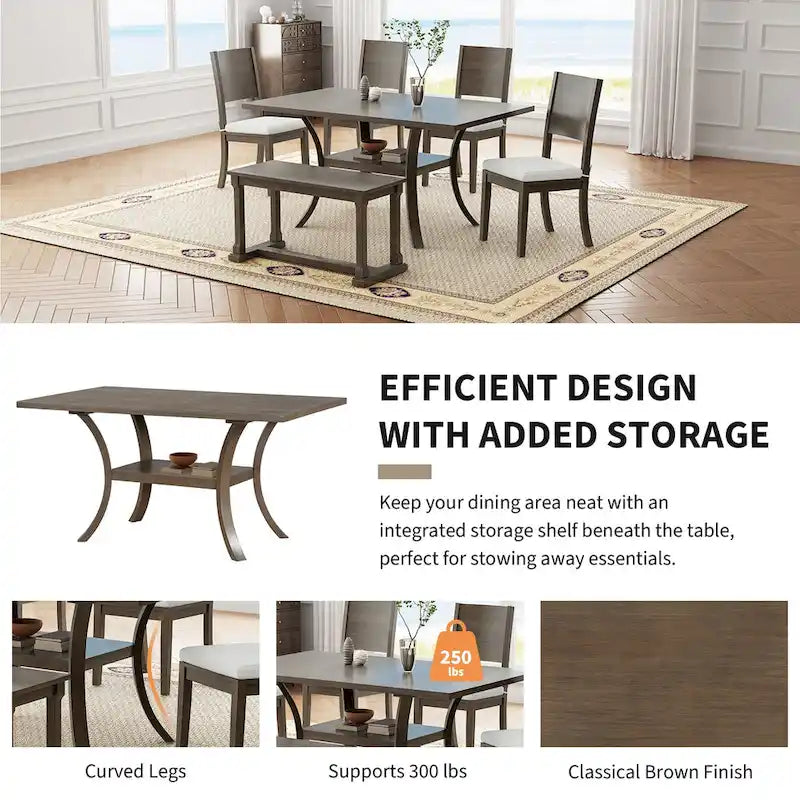 Ensemble de salle à manger moderne 6 pièces avec 4 chaises de salle à manger à coussins amovibles, étagère de rangement et banc