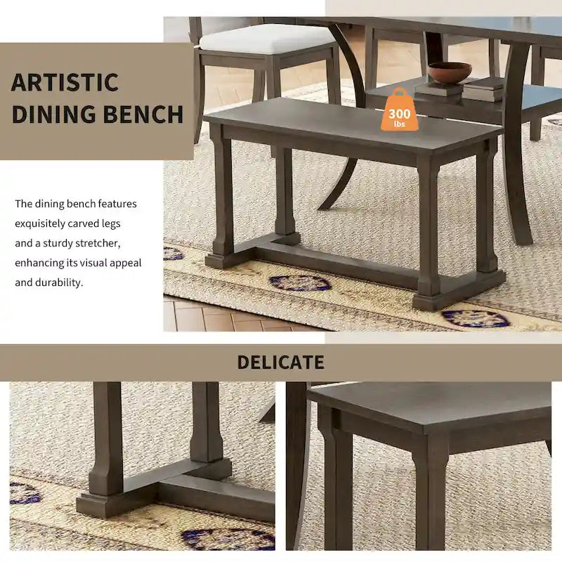 Ensemble de salle à manger moderne 6 pièces avec 4 chaises de salle à manger à coussins amovibles, étagère de rangement et banc