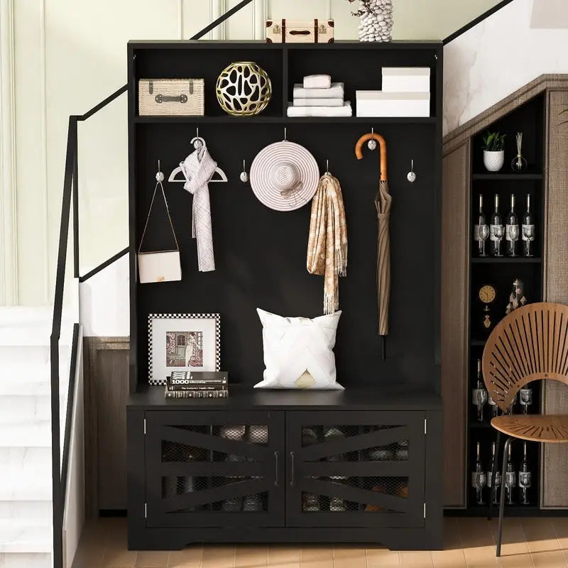 Grand portemanteau d'entrée avec 10 casiers à chaussures et 7 patères, portemanteau de 109 cm de large avec banc d'entrée, design 3-en-1 et étagères réglables
