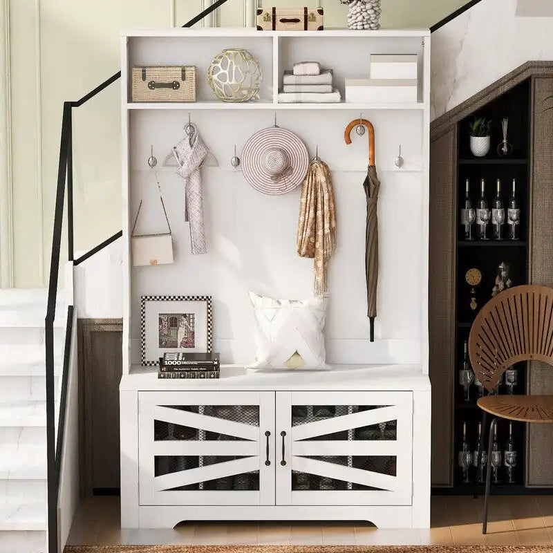 Grand portemanteau d'entrée avec 10 casiers à chaussures et 7 patères, portemanteau de 109 cm de large avec banc d'entrée, design 3-en-1 et étagères réglables