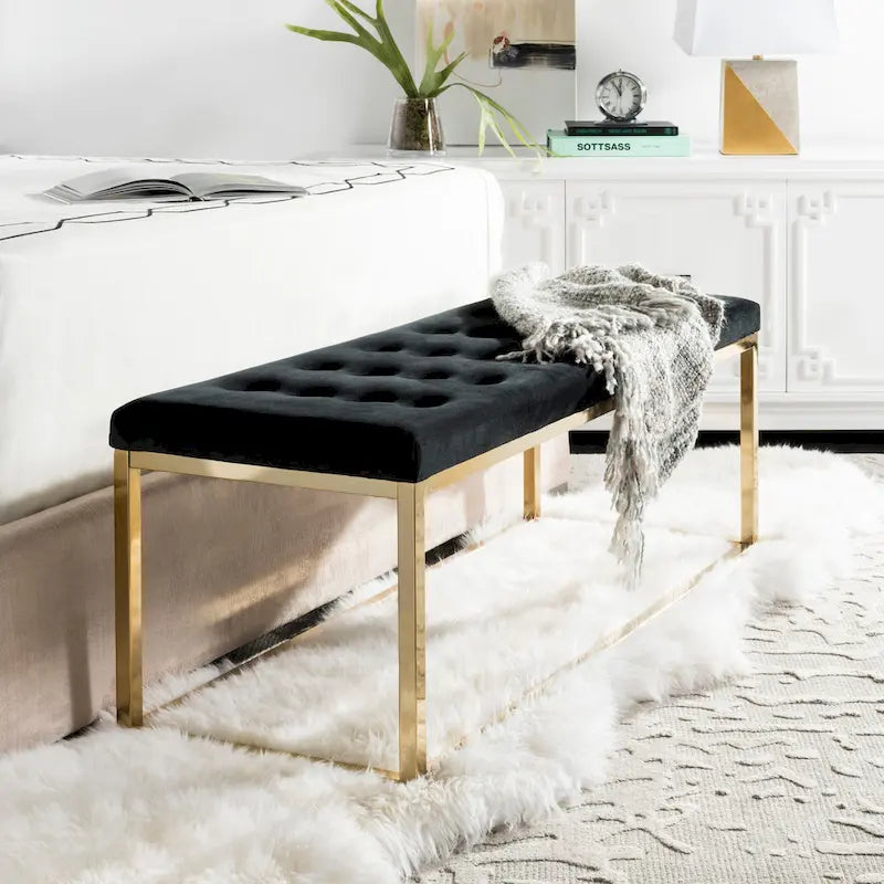 Banc en lin capitonné avec pieds Parsons noirs – 48x18x19