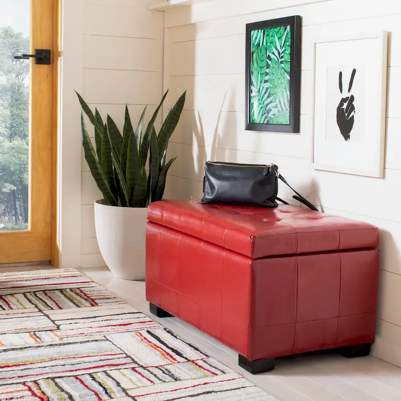 Banc de rangement en similicuir capitonné rouge - 30Lx18Px17H