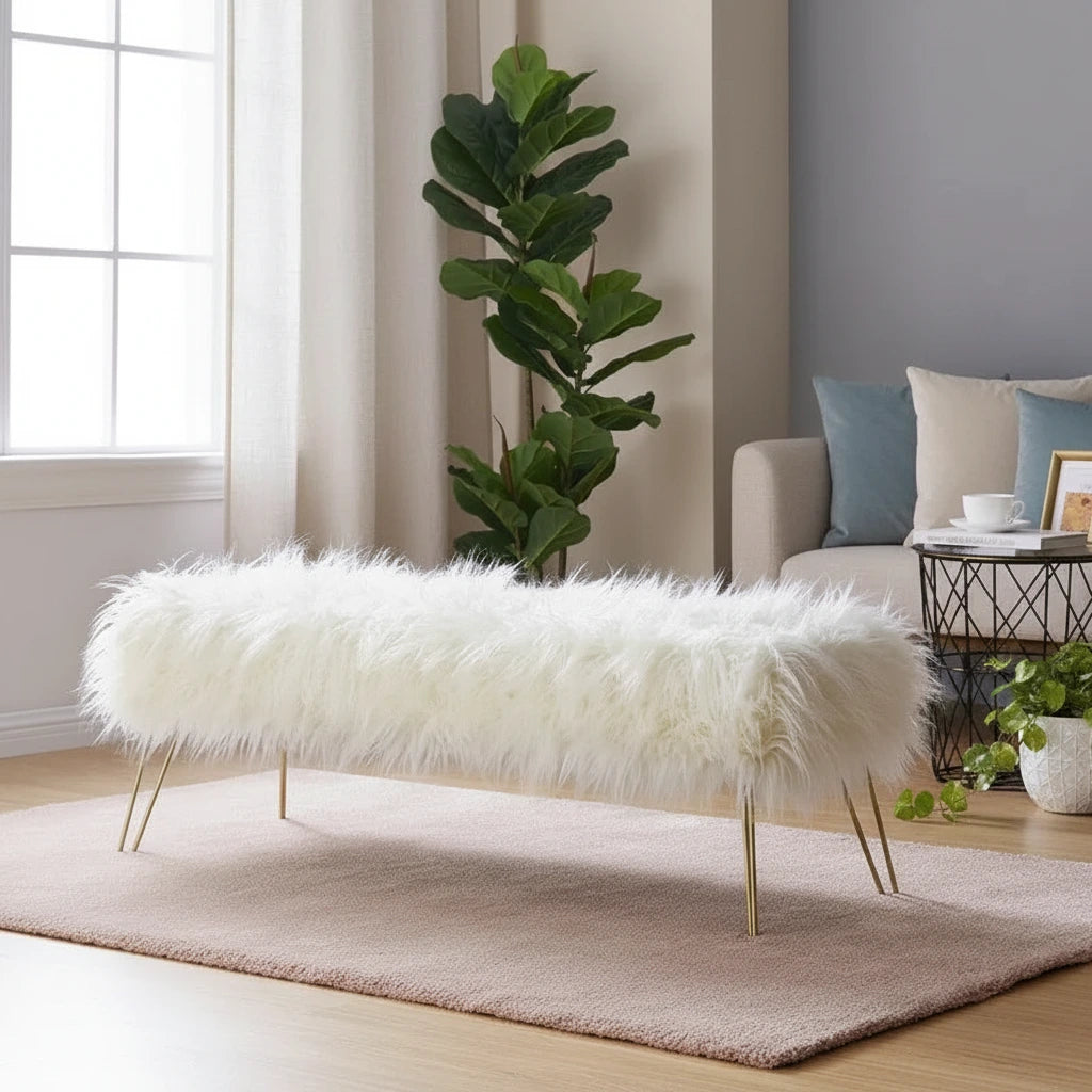 Silver Orchid Nilsson Contemporary Modern Faux Fur Long Bench Ottoman