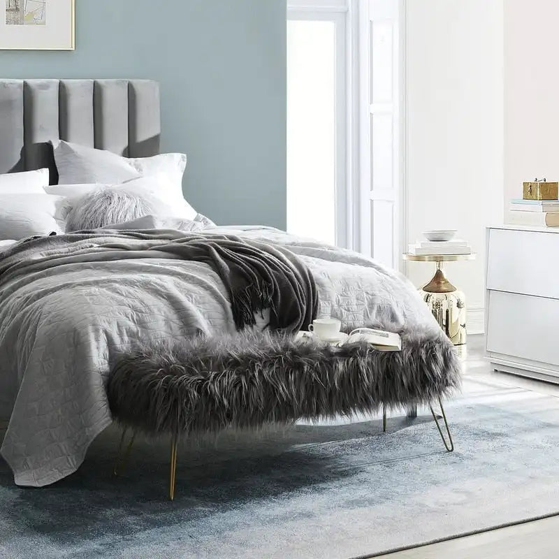 Banc long ottoman contemporain moderne en fausse fourrure