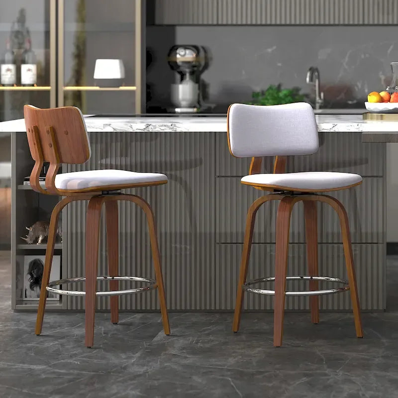 Tabouret de comptoir pivotant en tissu et bois 26 po Mid-Century