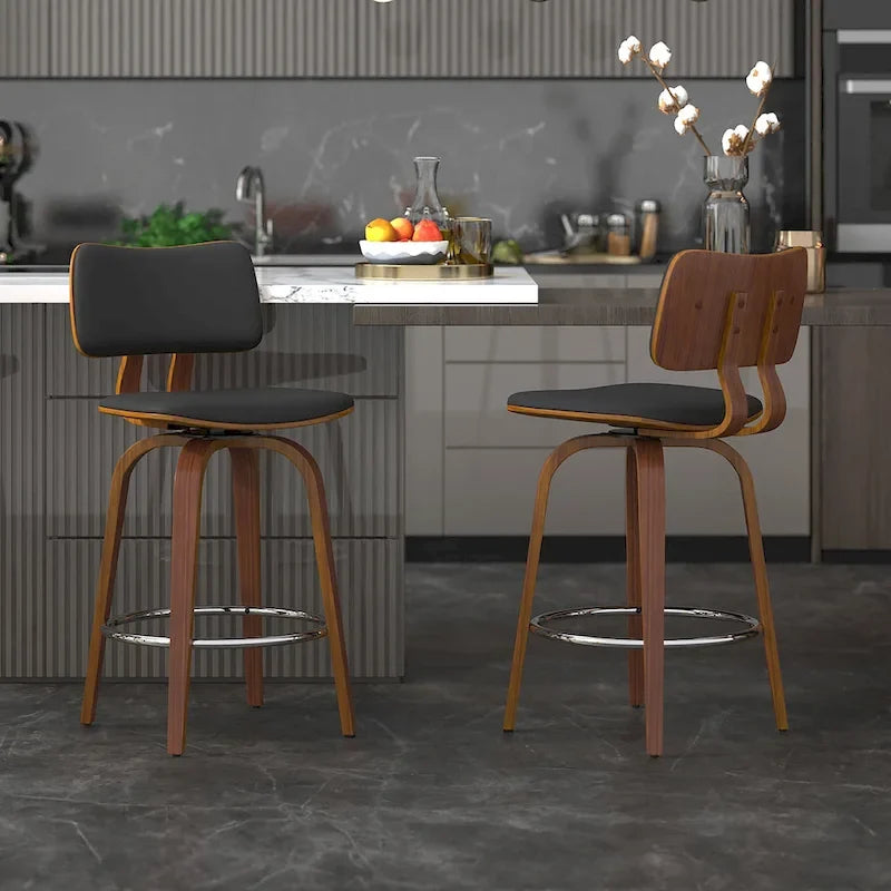 Tabouret de comptoir pivotant en tissu et bois 26 po Mid-Century