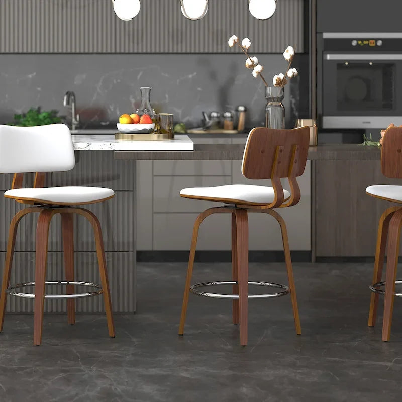 Tabouret de comptoir pivotant en tissu et bois 26 po Mid-Century