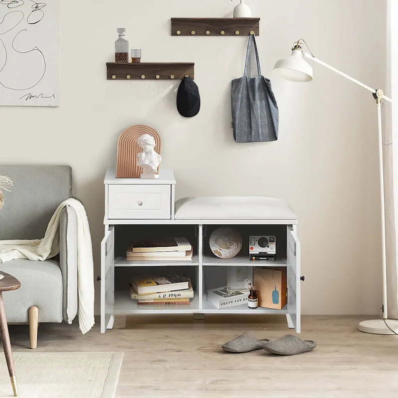 Banc de rangement à chaussures en bois avec tiroir, blanc