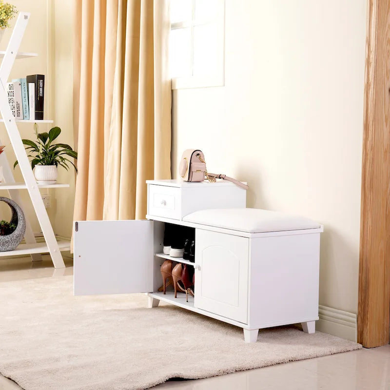 Banc de rangement à chaussures en bois avec tiroir, blanc