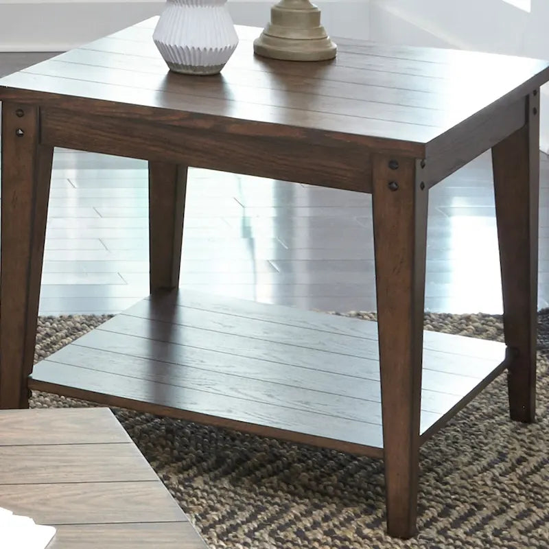 Table d'appoint carrée avec lampe, chêne rustique marron, peuplier et placage de chêne