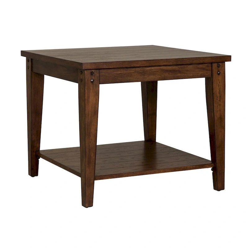 Table d'appoint carrée avec lampe, chêne rustique marron, peuplier et placage de chêne