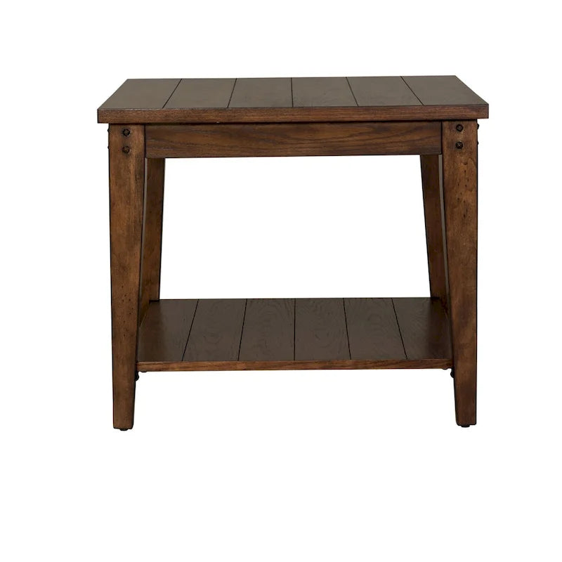 Table d'appoint carrée avec lampe, chêne rustique marron, peuplier et placage de chêne