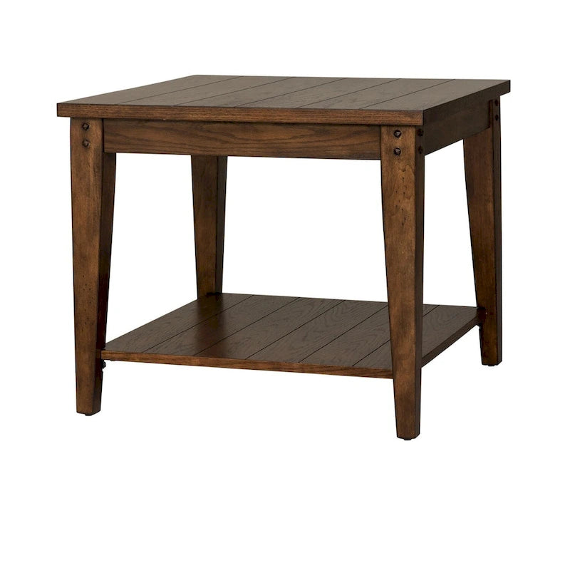 Table d'appoint carrée avec lampe, chêne rustique marron, peuplier et placage de chêne