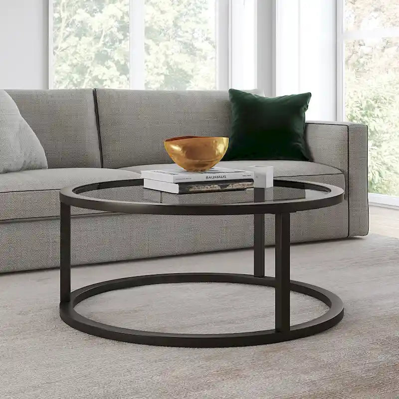 Table basse ronde en métal et verre trempé