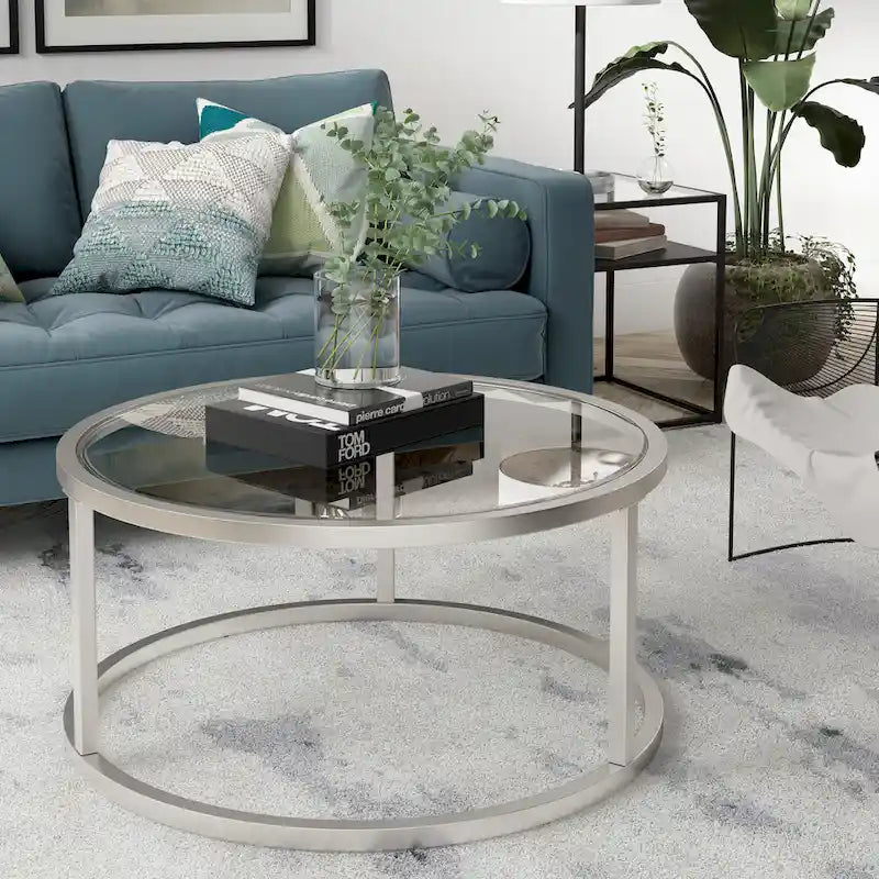 Table basse ronde en métal et verre trempé