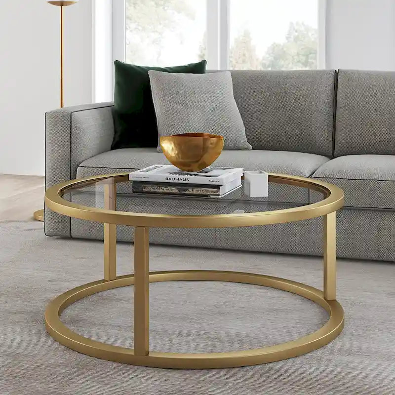Table basse ronde en métal et verre trempé