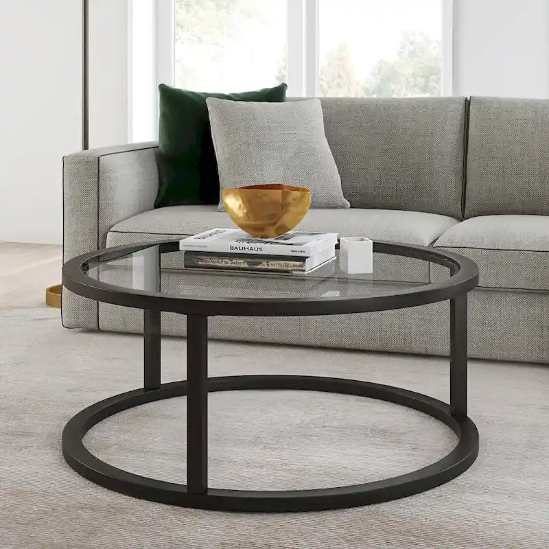 Table basse ronde en métal et verre trempé