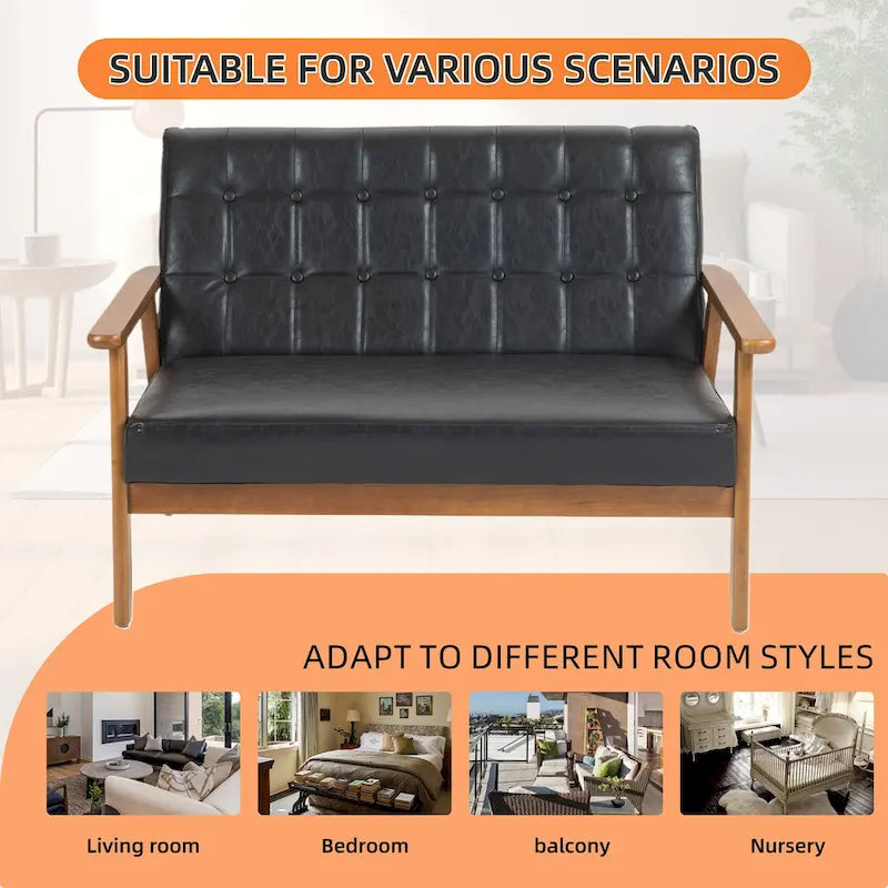 Canapé deux places capitonné en bois, revêtu de lin ou de PU, style Mid-Century