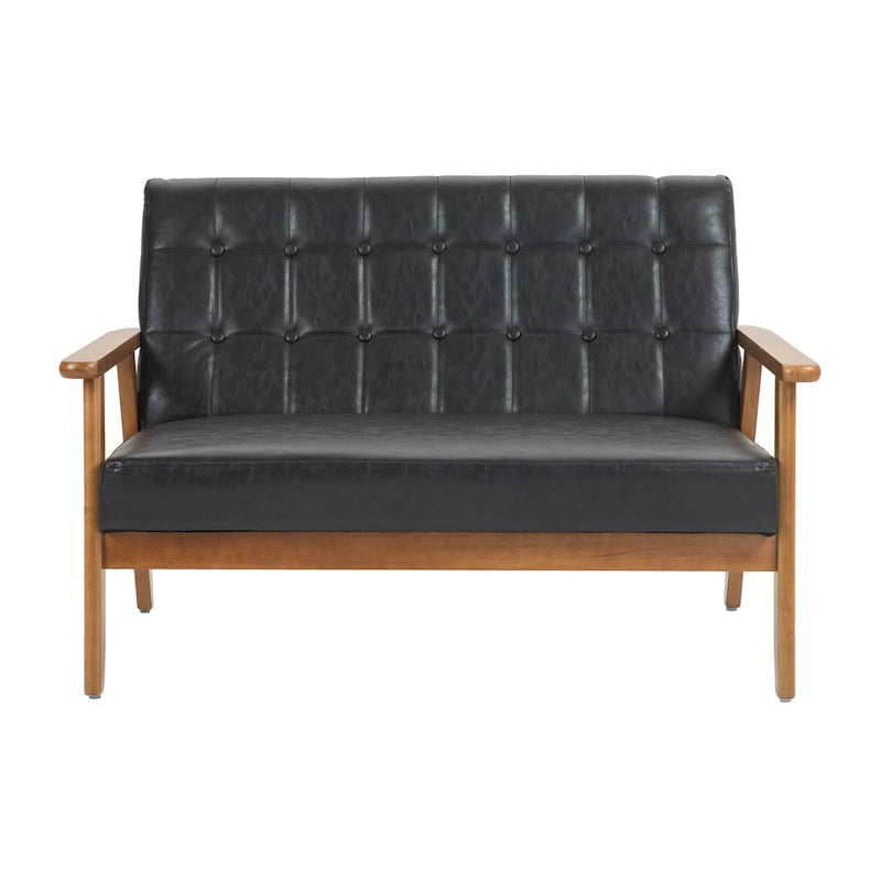 Canapé deux places capitonné en bois, revêtu de lin ou de PU, style Mid-Century