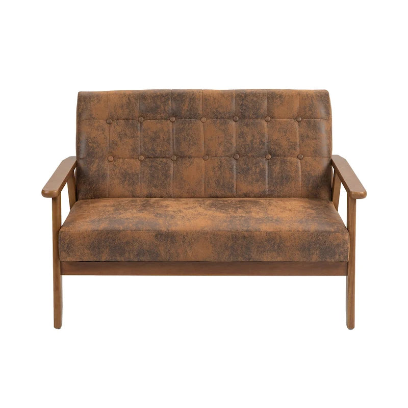 Canapé deux places capitonné en bois, revêtu de lin ou de PU, style Mid-Century