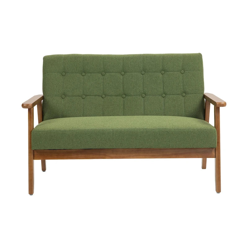 Canapé deux places capitonné en bois, revêtu de lin ou de PU, style Mid-Century