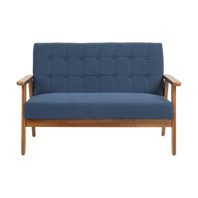 Canapé deux places capitonné en bois, revêtu de lin ou de PU, style Mid-Century