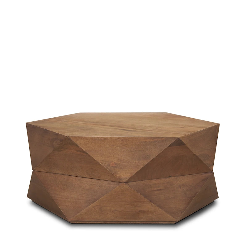 Table basse hexagonale noire en bois massif avec rangement