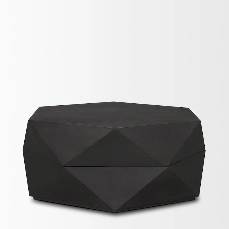Table basse hexagonale noire en bois massif avec rangement