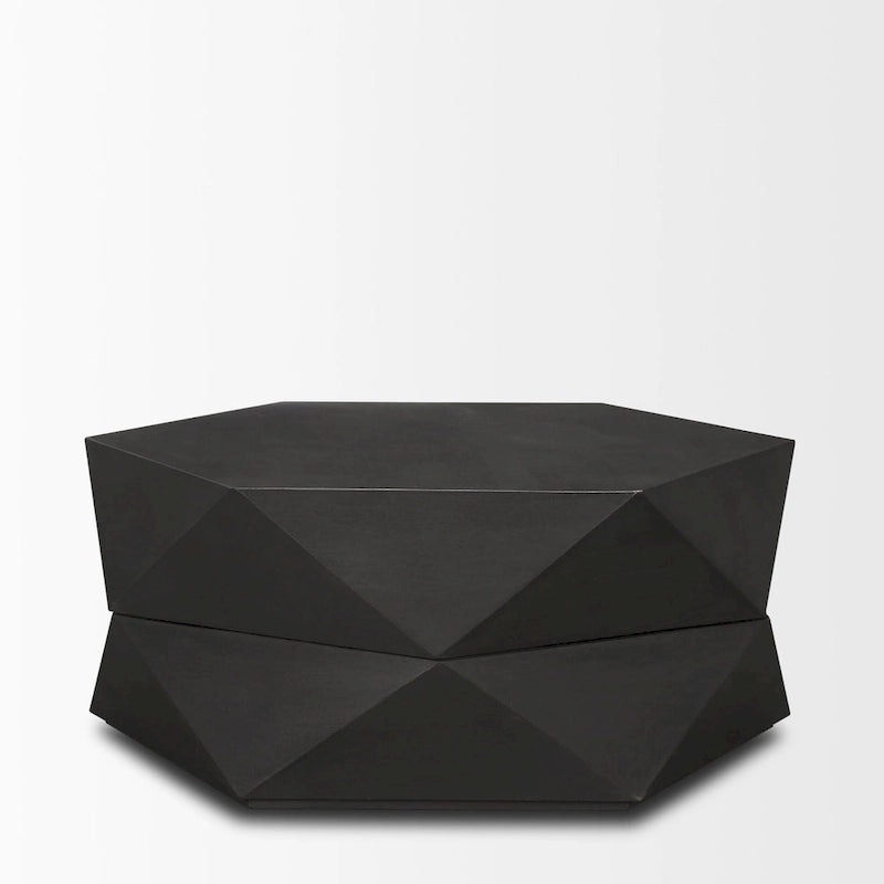 Table basse hexagonale noire en bois massif avec rangement