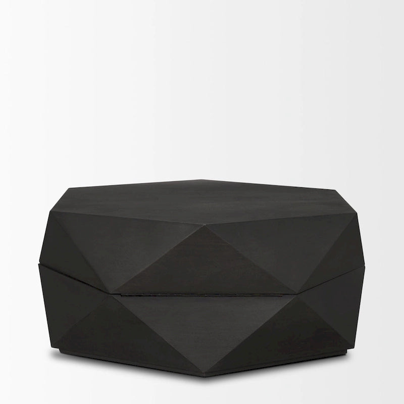 Table basse hexagonale noire en bois massif avec rangement
