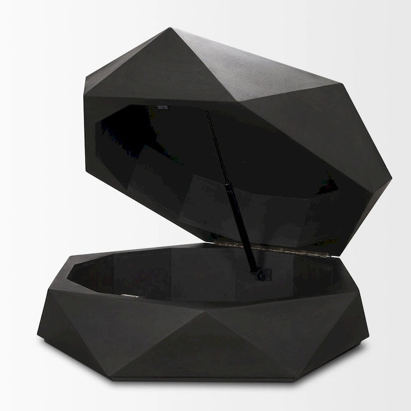 Table basse hexagonale noire en bois massif avec rangement