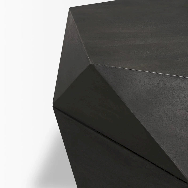 Table basse hexagonale noire en bois massif avec rangement