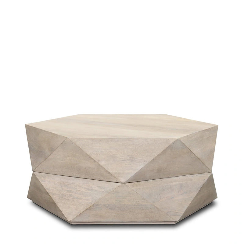 Table basse hexagonale noire en bois massif avec rangement