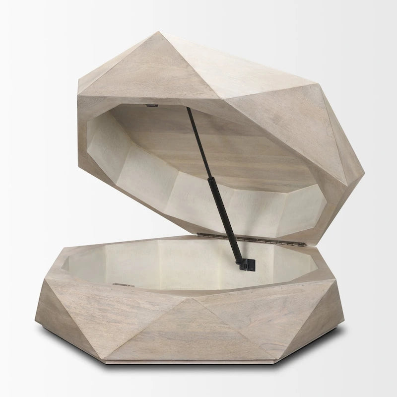 Table basse hexagonale noire en bois massif avec rangement