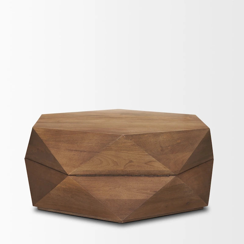 Table basse hexagonale noire en bois massif avec rangement