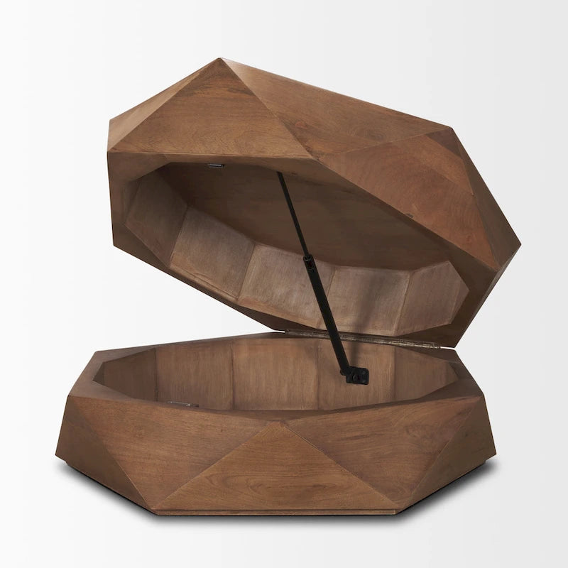 Table basse hexagonale noire en bois massif avec rangement