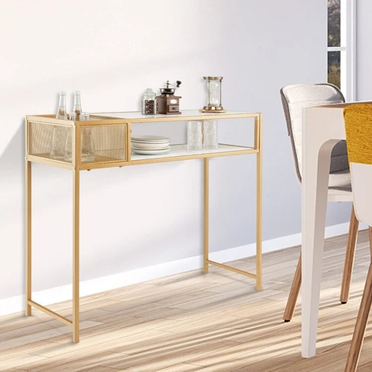 Console d'entrée effet marbre avec panier en fil métallique – 120,65 x 30,48 x 90,17 cm (L x l x H)