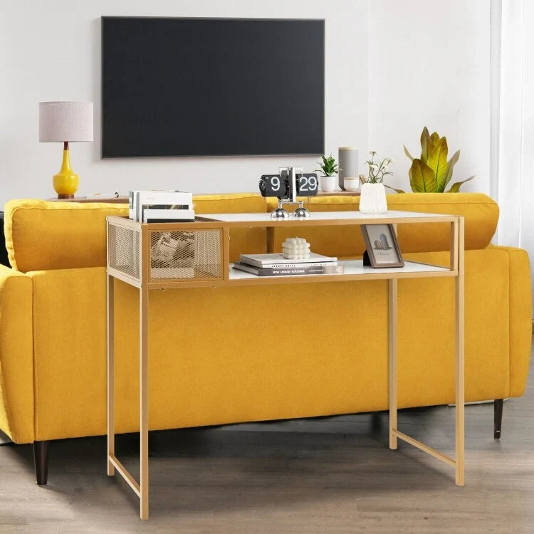 Console d'entrée effet marbre avec panier en fil métallique – 120,65 x 30,48 x 90,17 cm (L x l x H)