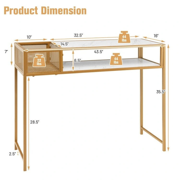 Console d'entrée effet marbre avec panier en fil métallique – 120,65 x 30,48 x 90,17 cm (L x l x H)
