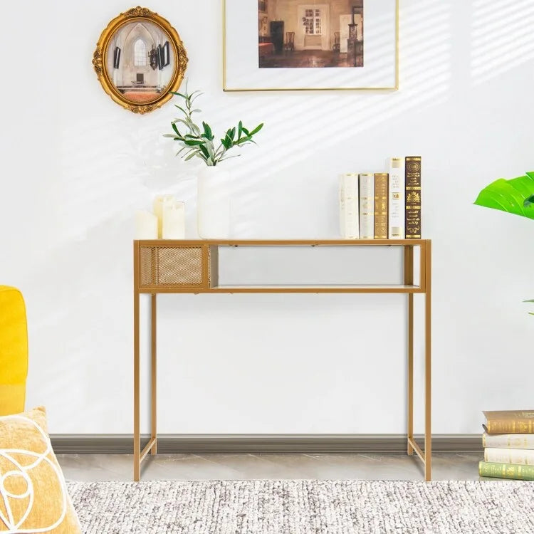 Console d'entrée effet marbre avec panier en fil métallique – 120,65 x 30,48 x 90,17 cm (L x l x H)