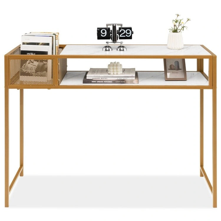 Console d'entrée effet marbre avec panier en fil métallique – 120,65 x 30,48 x 90,17 cm (L x l x H)