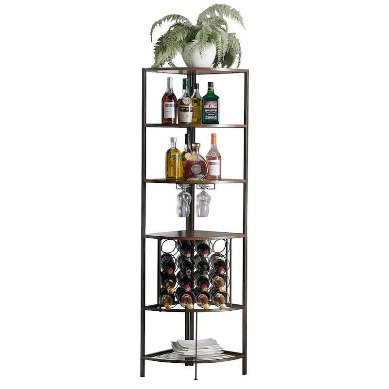 Range-bouteilles d'angle avec étagères en bois, porte-verres et casier à vin en fil métallique