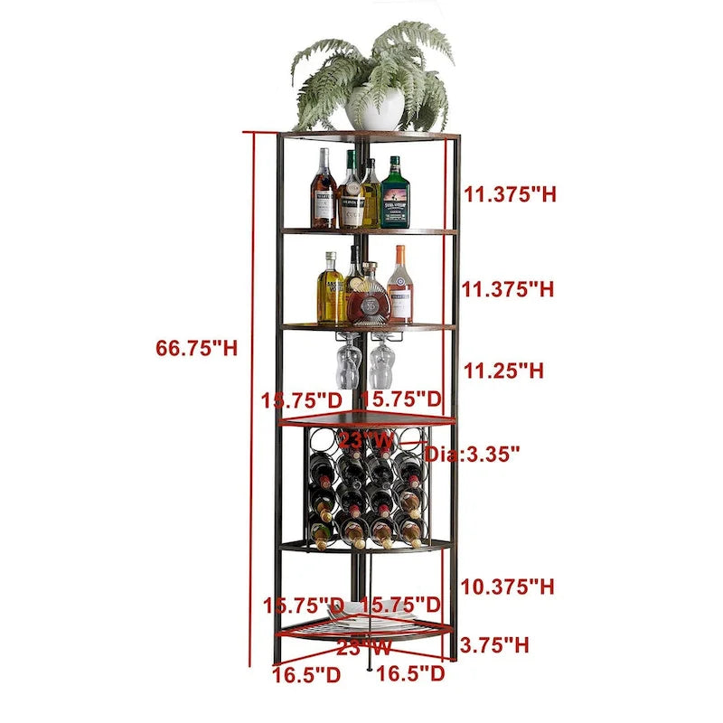 Range-bouteilles d'angle avec étagères en bois, porte-verres et casier à vin en fil métallique